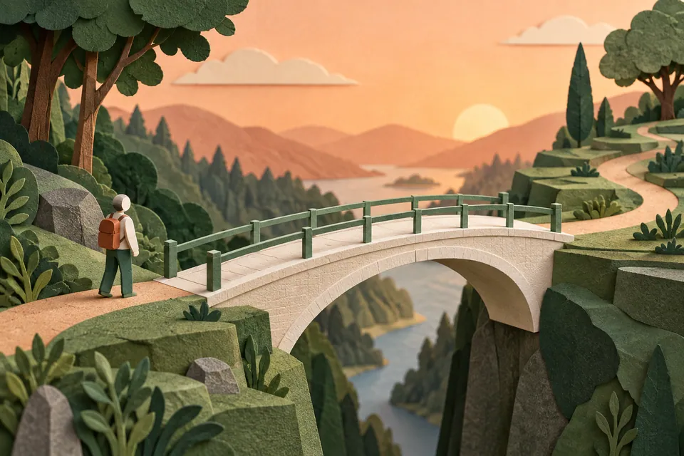 A carefully built paper bridge crosses a gap between two calm green terraces, with a handrail along the route.