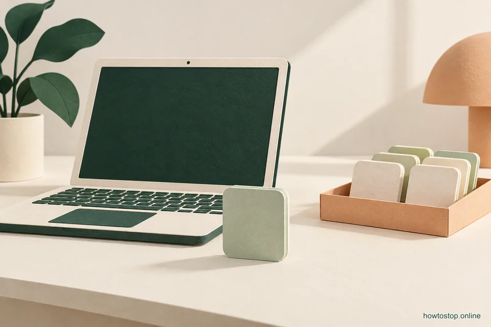 A paper laptop with one green tile selected while other small app tiles wait in an orderly tray.