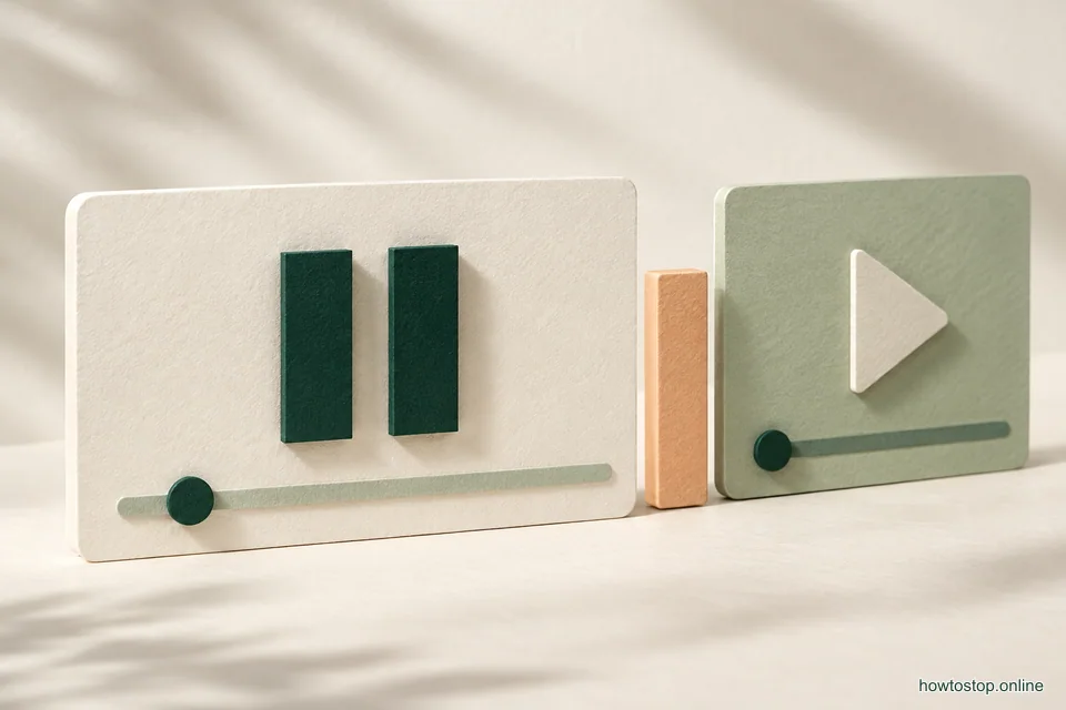 A paper video player with a raised green pause symbol and a second video card resting behind a small open gap.