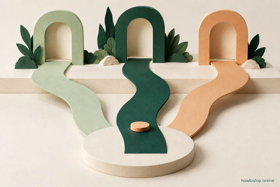 Three short paper paths meet a small movable sage marker on a warm ivory surface.