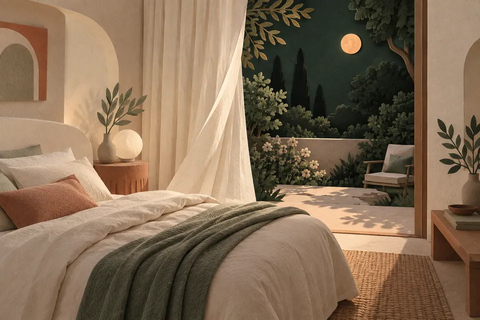 An ivory paper bedroom opens onto a quiet green night garden beneath a small apricot moon.