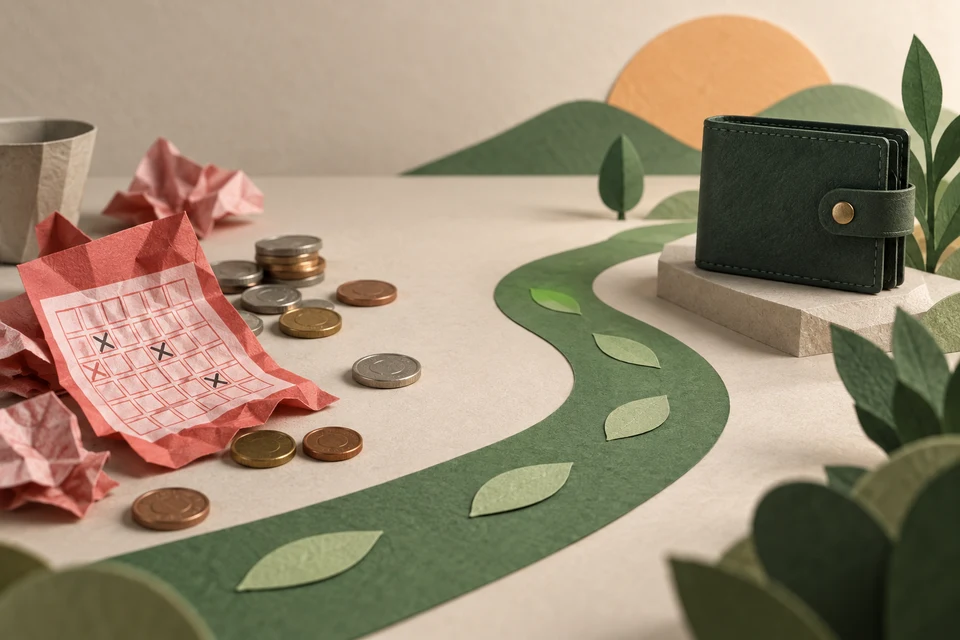 A red betting slip crossed by a clear green route toward a locked wallet