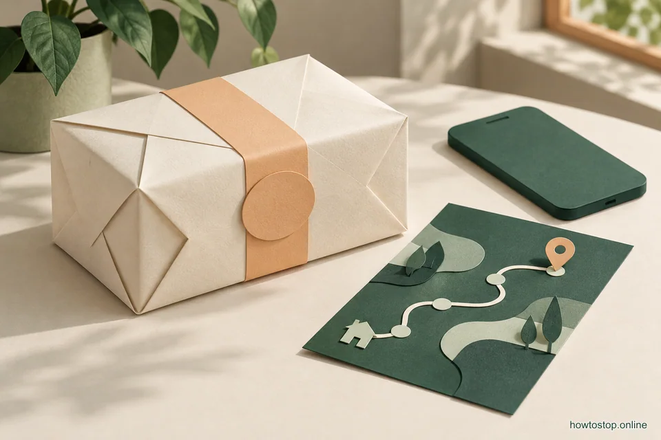 A small paper parcel rests beside a green route card and a single apricot notification tab, with a closed tracking screen nearby.