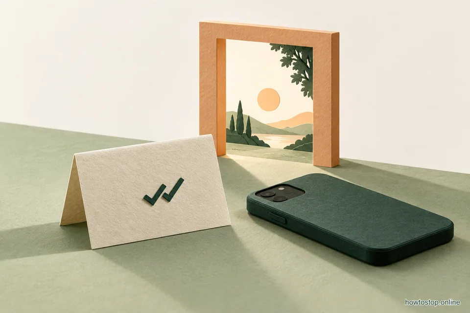 A paper message with two small check marks rests beside a closed green phone case and an open apricot window.