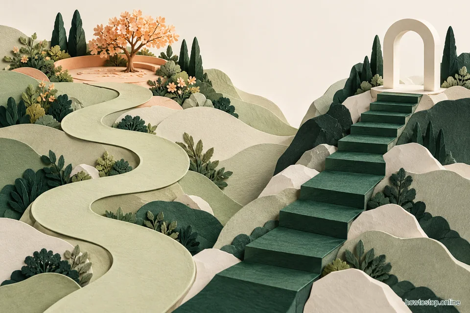 Two different sage paper paths curve around separate apricot shapes on an ivory surface.