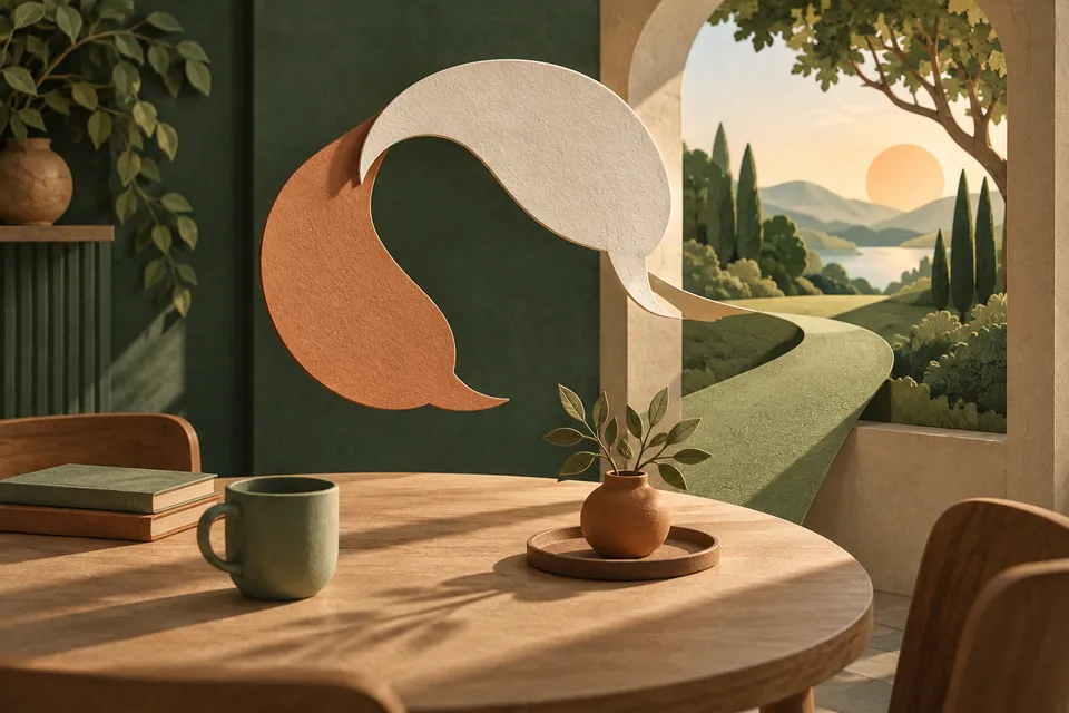 Two abstract paper speech shapes form a loose circle that opens into a green path beside a quiet table.