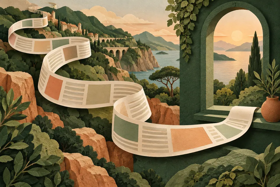 A long curling paper news ribbon ends beside a small green window opening onto a calm landscape.