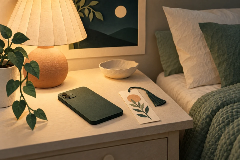 A phone facedown beside a warm bedside lamp and a paper bookmark
