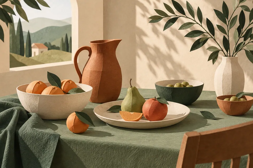 A balanced arrangement of simple paper bowls, a plate and a terracotta jug sits on a warm green table in daylight.