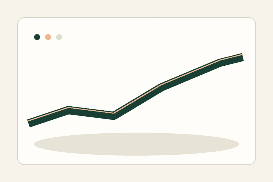 A paper path turns away from a distant profile-shaped card toward a calm open green route.