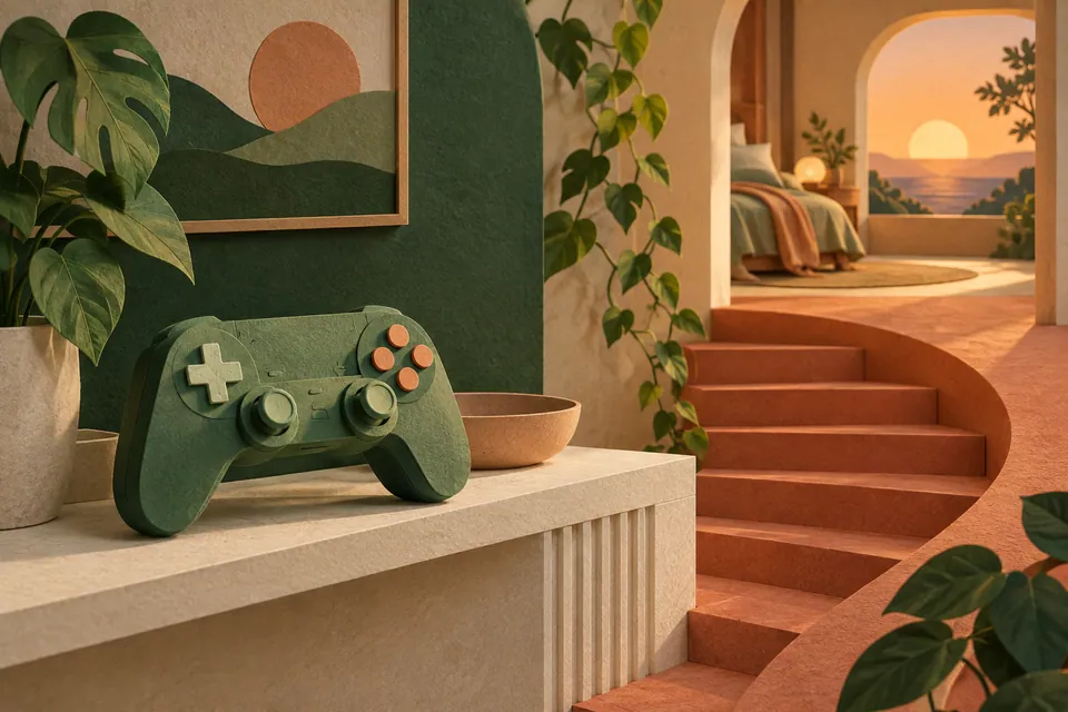 A green paper game controller rests beneath a setting apricot sun beside a clear staircase leading to a quiet room.