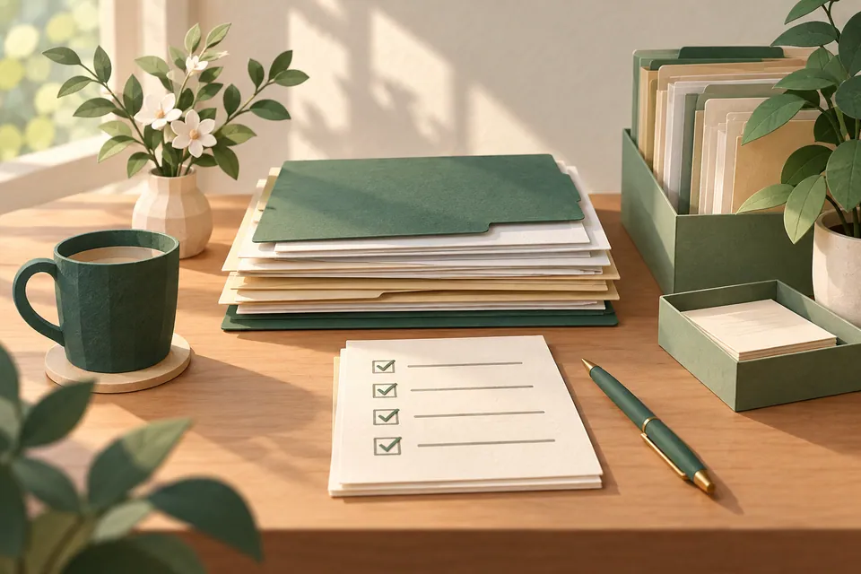 Forms and a checklist arranged on a calm desk in soft light