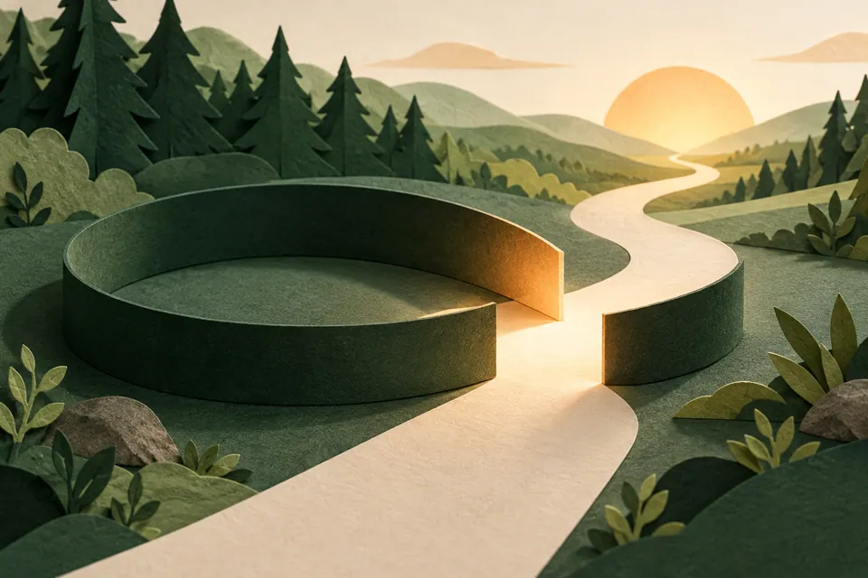 A paper loop opened onto a clear path through a landscape