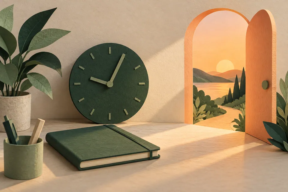 A paper clock and notebook beside an open evening doorway