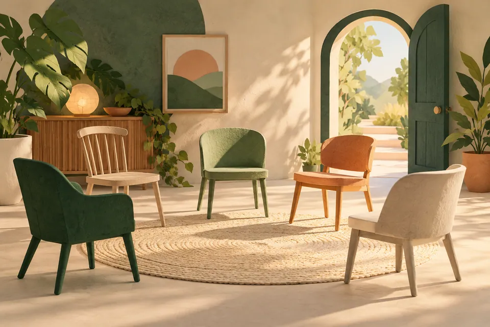 Empty chairs arranged around a welcoming open doorway
