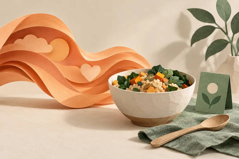 A calm bowl beside a folded paper wave and a pause card