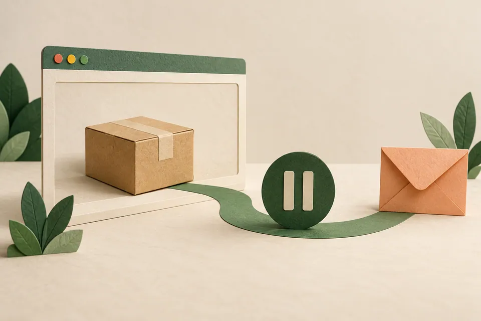 A paper parcel beside a pause symbol and an envelope