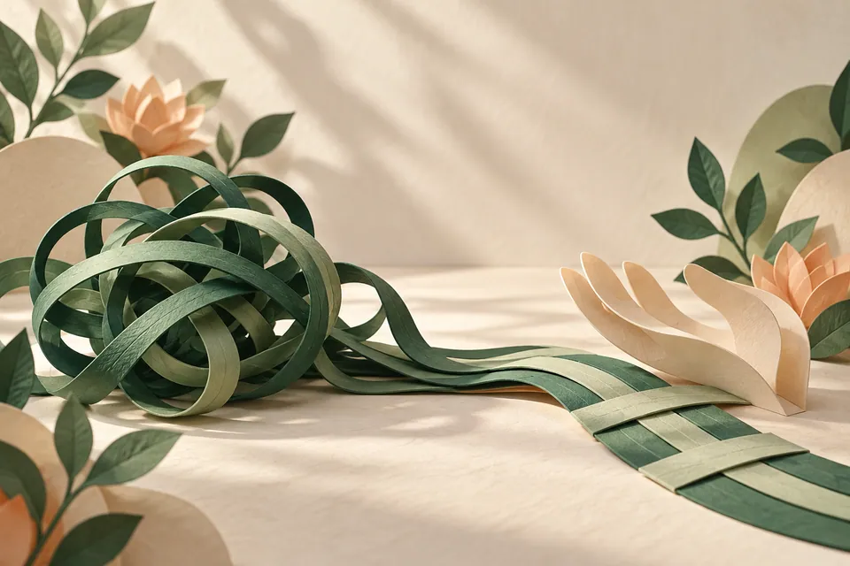 Paper loops redirected into a neat woven path beside an abstract hand