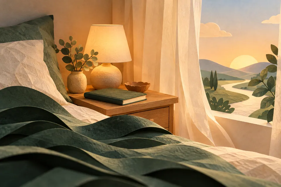 A quiet paper bedroom with a closed notebook and a path toward morning