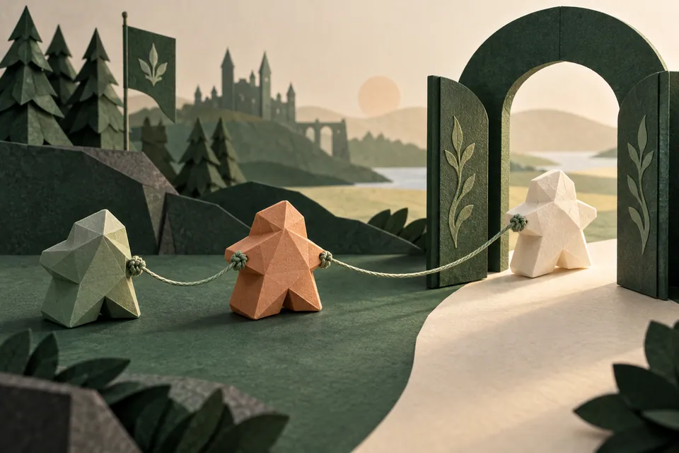 Three connected paper game pieces span an open green gate, keeping a thread between them.