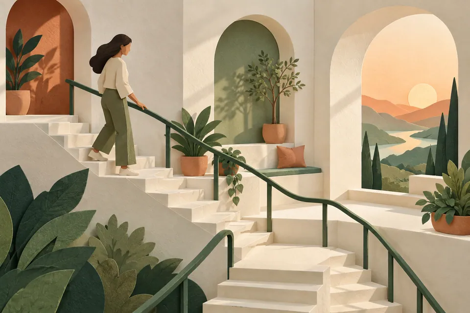A gentle paper staircase with a continuous green handrail descends through a warm ivory architectural space.