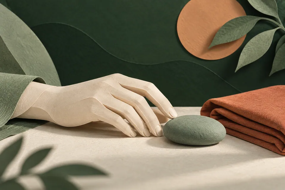 A smooth sage-green paper pebble, a neatly folded cloth and a small ivory hand form a calm sculptural still life.