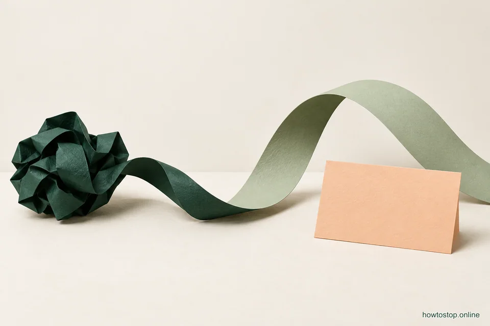 A tangled dark green paper strip becomes a smooth sage curve beside a blank apricot card.