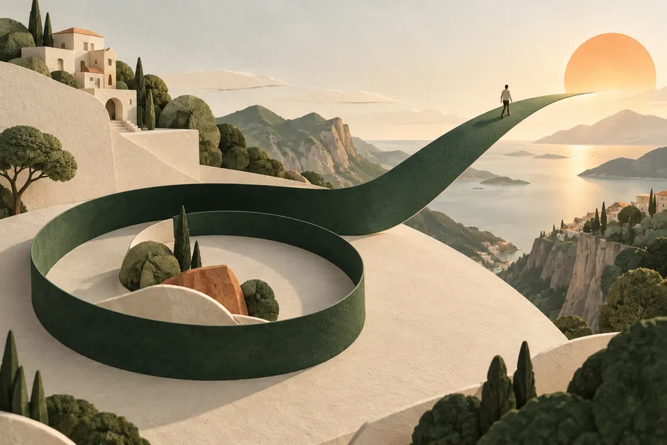 A forest-green ribbon leaves a circular track and becomes an open path towards the sun.