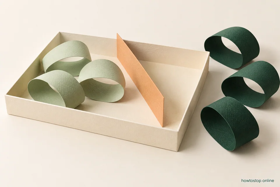 Several paper loops overflow a small ivory tray while three sage loops fit neatly inside it.
