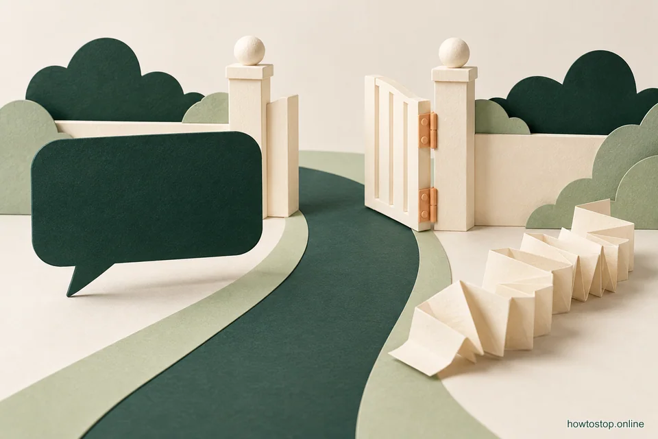 One clear forest-green paper speech card stands beside a low open gate, with a long folded strip of extra words set aside.