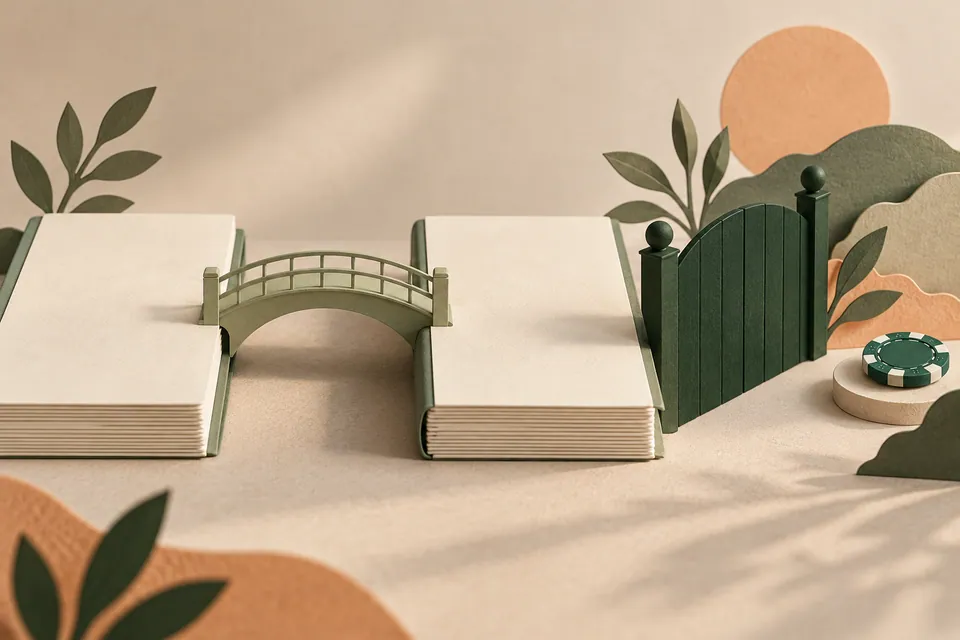 Two separate blank paper ledgers are connected by a small bridge beside a closed green gate.