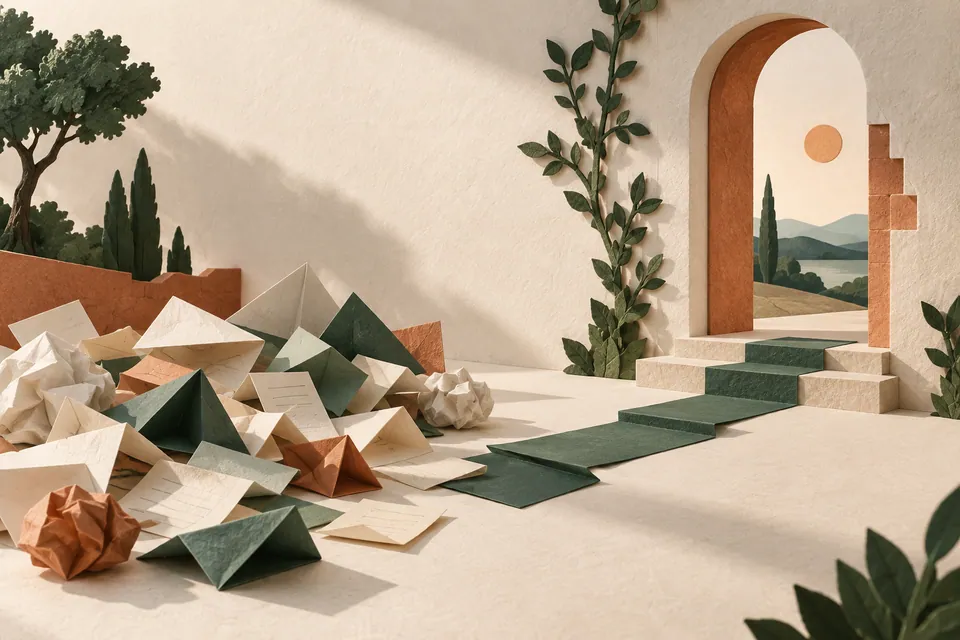 One simple green paper step leads from a pile of folded drafts towards an unfinished but open architectural doorway.
