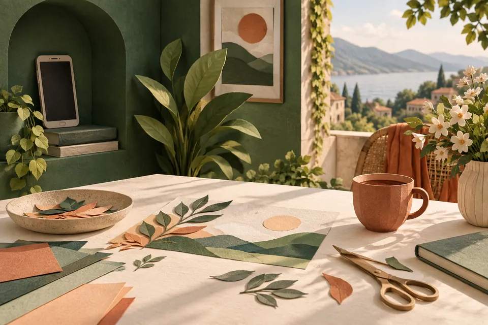 A small paper phone rests in a green alcove while a warm open table holds an unfinished creative project.