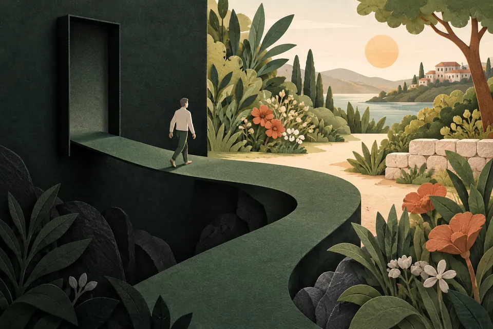 A paper pathway leaves a dark rectangular frame and opens into a sunlit garden.