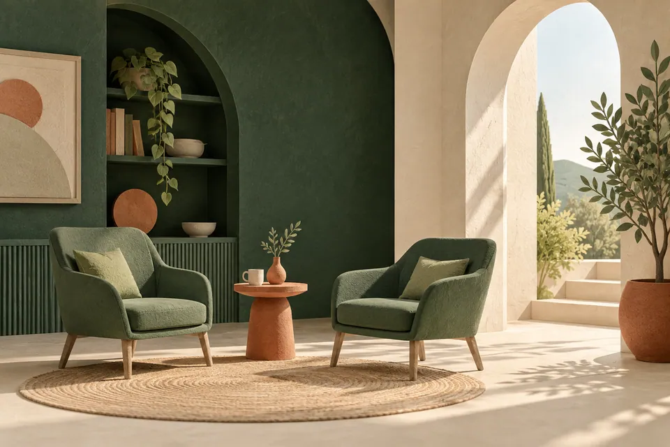 Two empty paper chairs face each other across a small table beside an open archway.