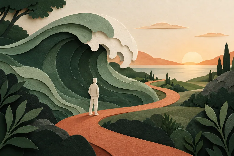 A small paper figure pauses beside a curved wave while a clear footpath continues around it.