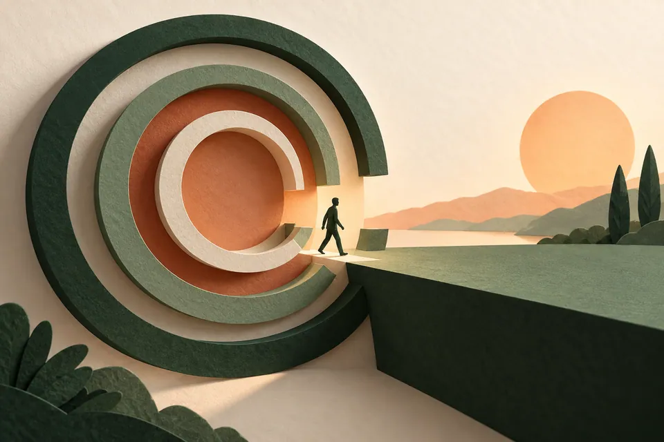 Several nested paper rings open at one side, with a small figure stepping towards a steady green platform.