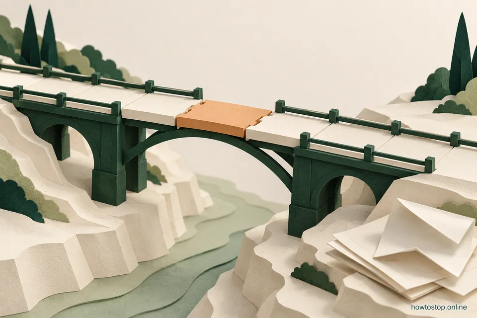 An unfinished paper bridge is repaired with one apricot section while its existing green supports remain in place.