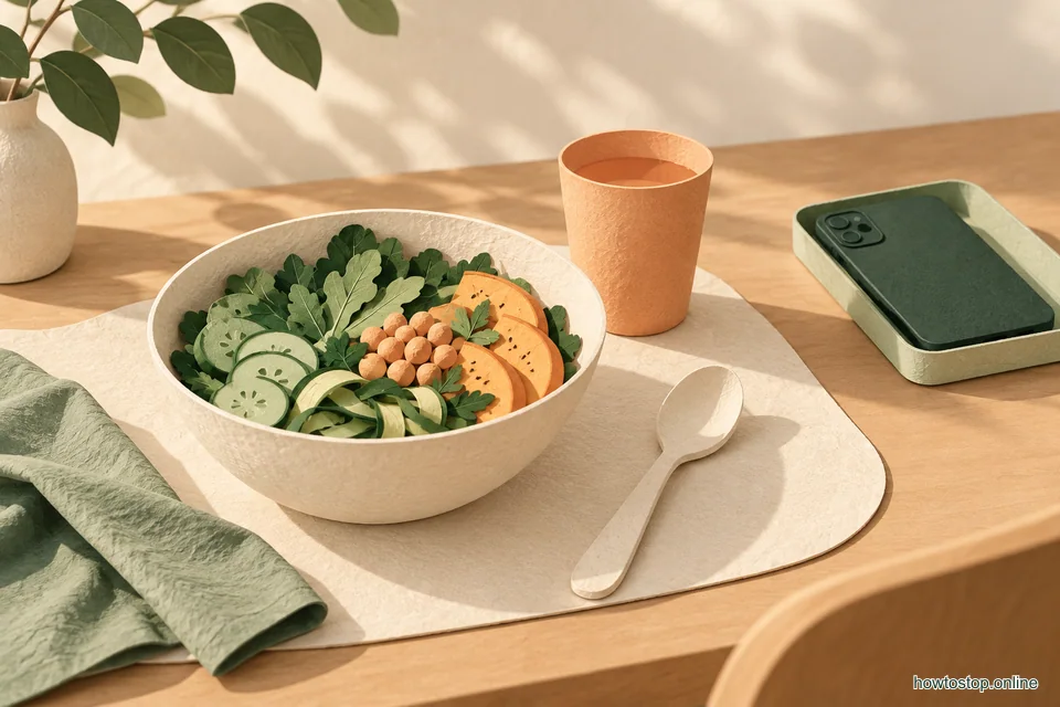 A warm paper bowl and spoon sit on an ivory placemat while a green phone rests in a small tray away from the meal.