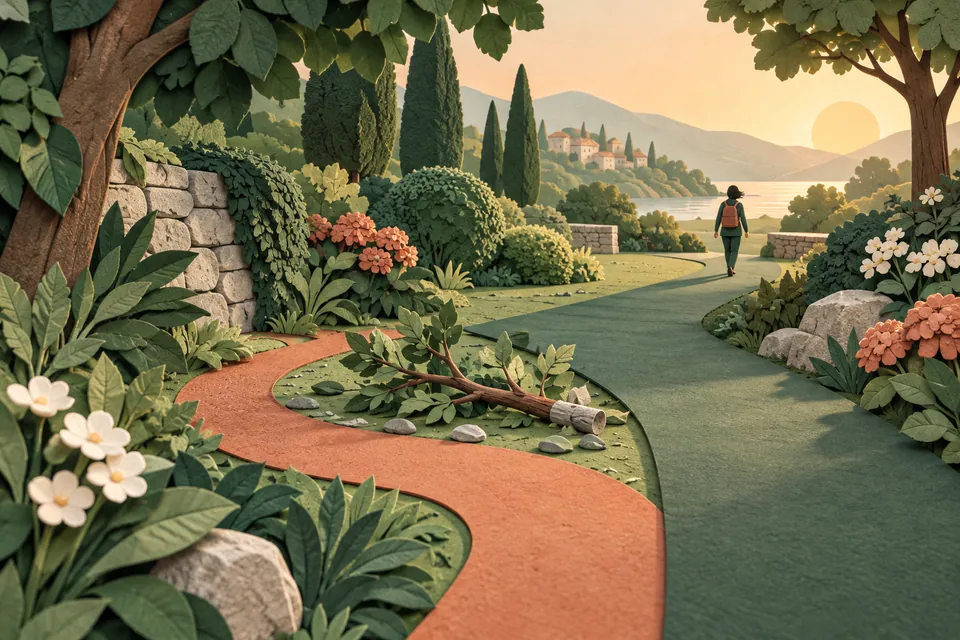 A terracotta paper path bends around a fallen branch and reconnects with a broad green walkway in morning light.