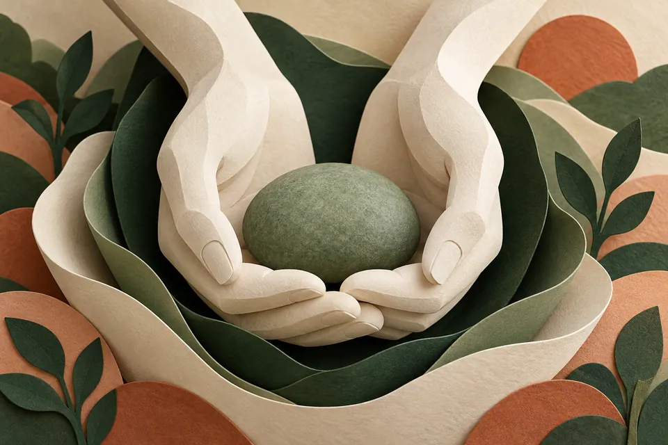 Two gently curved paper hands cradle a smooth green pebble above layers of warm ivory paper.