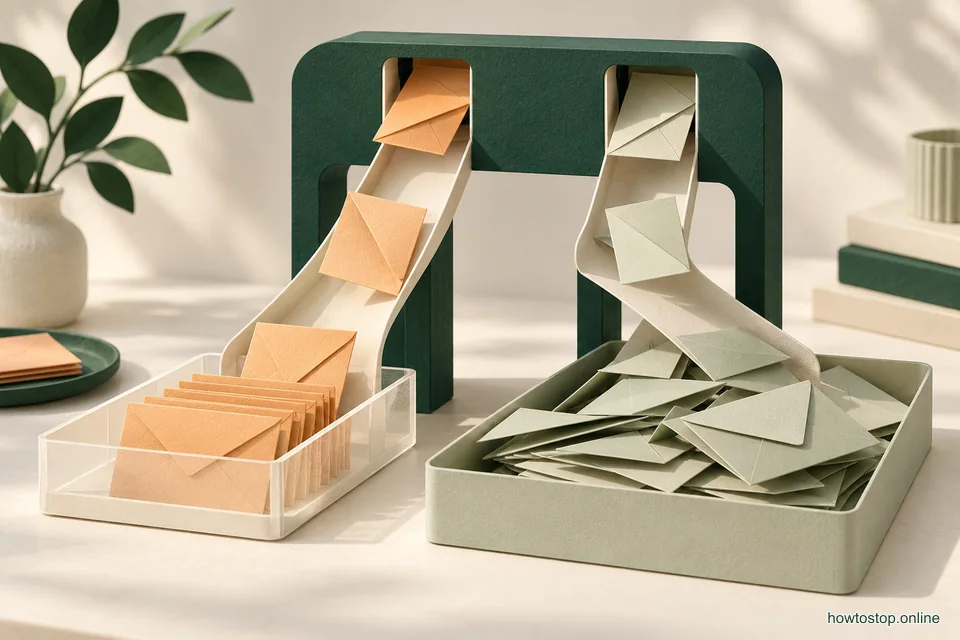 Paper envelopes pass through a green sorting frame, with a few wanted letters kept in a clear ivory tray.