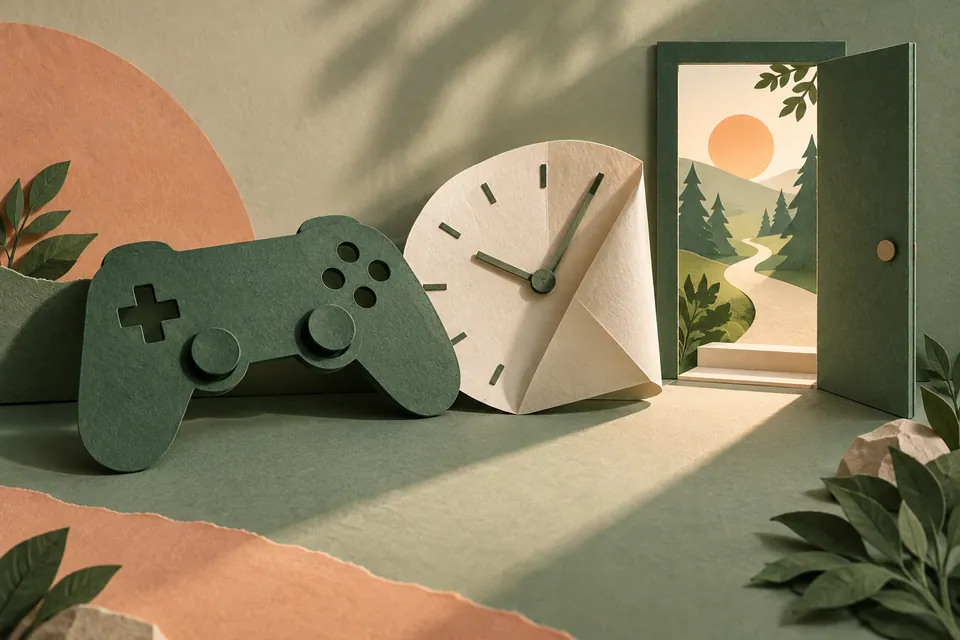 A green paper controller sits beside a folded clock and a doorway opening to a path.