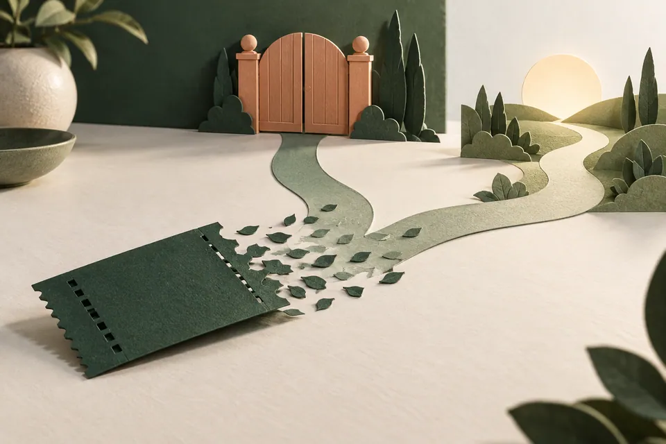A dark green paper betting slip breaks into leaves beside a closed gate and an open path.