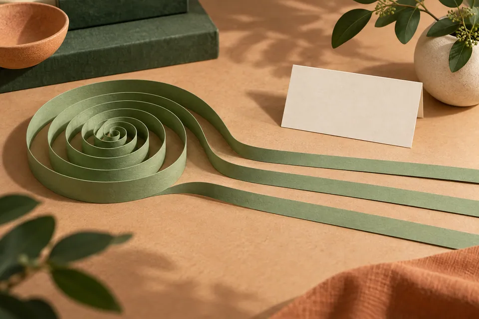 A spiral of sage paper opens into two straight strips beside a blank card.