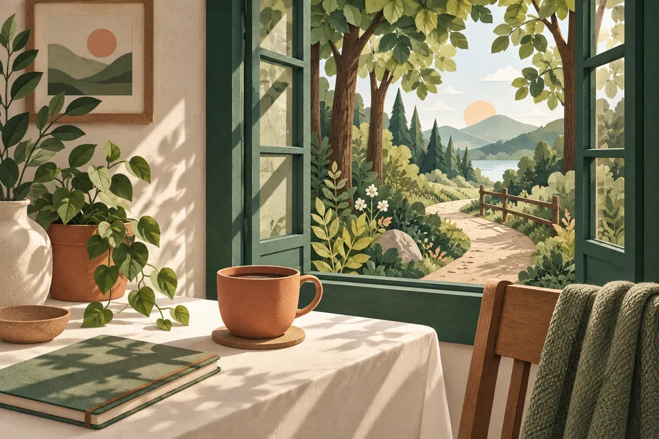 An open green paper window lets fresh light fall onto a terracotta cup and a clear walking path.