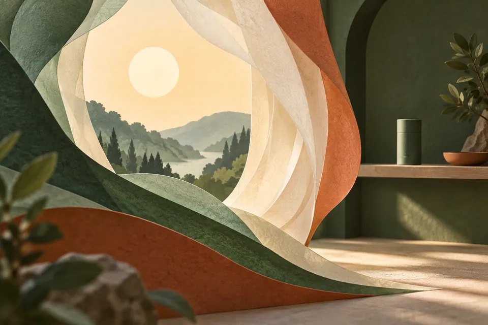A small green paper object rests on a distant shelf while soft curved paper clouds open around a bright clear circle.