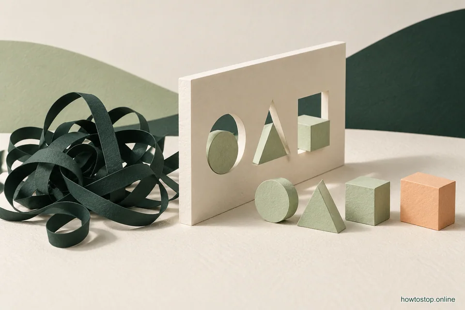 Small sage paper shapes pass through an ivory frame while a tangled dark strip stays outside.