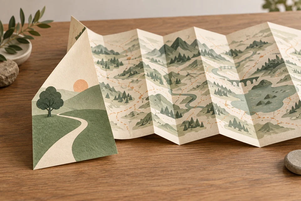 A large paper map folded into one clear green first step