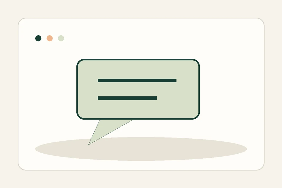 A paper message card rests unsent beside a green path with a deliberate pause marked in apricot.